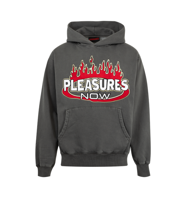 Image 1 of 2 - BLACK - PLEASURES Flame Hoodie featuring drawstring hood, kangaroo pocket, ribbed cuffs and hem and graphic on front. 70% cotton, 30% polyester.