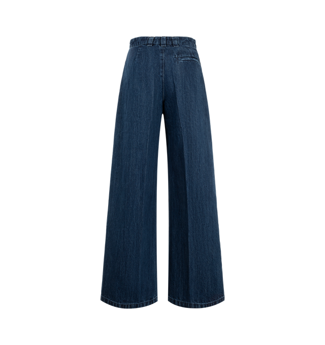 Image 2 of 3 - BLUE - Radh Women's The Crewe Jean is crafted from dark wash denim and features a high-rise trouser-inspired silhouette with a straight, elongated leg. Presented in the Irvine Wash, this designer jean is detailed with front pleats that add volume and movement while maintaining a polished, tailored look. Main Material: 75% Regenerative Cotton, 25% Recycled PIW Denim. Hardware: 60% recycled brass and 100% recycled stainless steel tacks in a semi-precious real gold finish. Made in the USA.