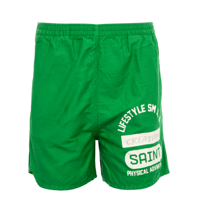 Image 1 of 4 - GREEN - SAINT MICHAEL Easy Shorts featuring elastic waist, screen print on leg, side slit pockets and back pocket. 100% cotton.  