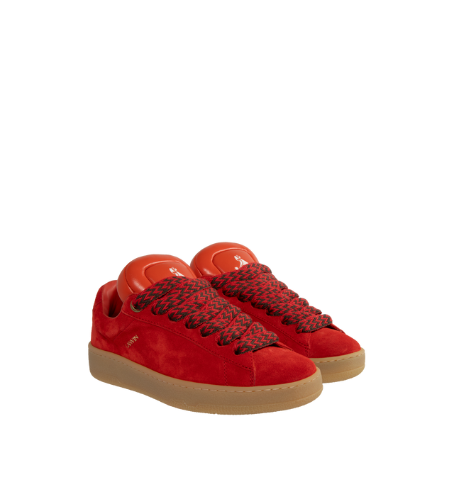 Image 2 of 5 - RED - LANVIN LAB X FUTURE Hyper Curb Sneakers featuring padded tongue, round toe, herringbone motif laces and Lanvin logo in metal on the outside of the sneaker.  76% calf - bos taurus, 24% polyester. Lining: 100% calf - bos taurus. Sole: 100% rubber. Made in Italy. 