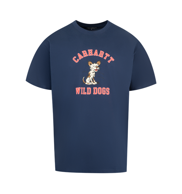 Image 1 of 2 - BLUE - CARHARTT Wild Dog Graphic T-Shirt featuring midweight organic-cotton jersey, crewneck, short sleeves and graphic on front. 100% organic cotton.