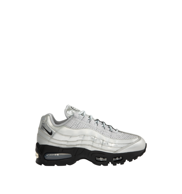 Image 1 of 5 - SILVER - NIKE Air Max 95 Sneaker featuring distinctive wavy design, visible Max Air cushioning, upper mixes synthetic leather and textiles for a layered look, flex grooves in the midsole and outsole, foam midsole and rubber outsole.