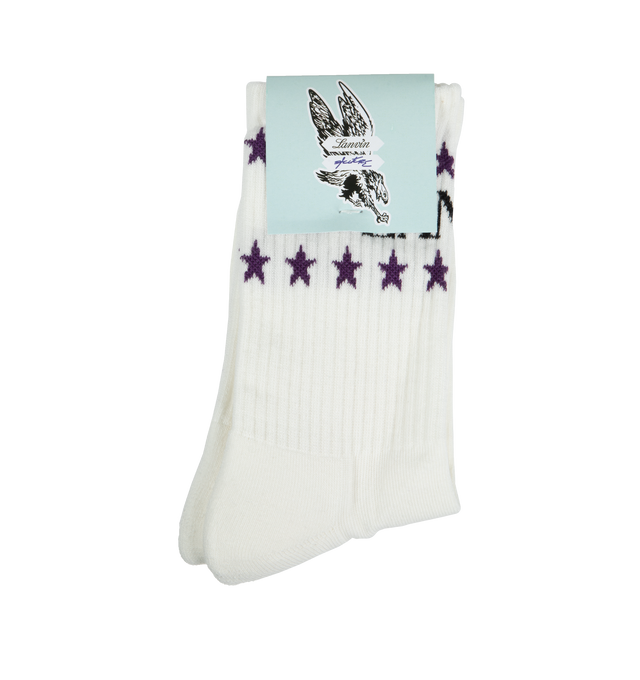 Image 1 of 1 - WHITE - LANVIN LAB X FUTURE Socks Logo and Stars featuring rib knit cuffs and jacquard stripes and logo at cuffs. 76% cotton, 20% polyamide, 4% elastane. 