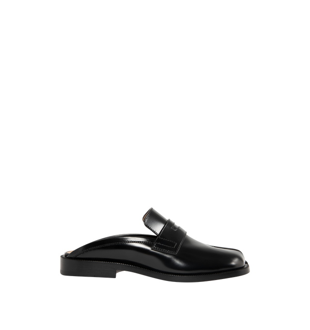 Image 1 of 4 - BLACK - MAISON MARGIELA Tabi City Loafer Mules featuring polished calfskin, slip-on, square cleft toe, strap with cutout at vamp, logo stamp at padded footbed, buffed lambskin lining, serrated edge at welt, stacked leather heel with rubber injection and leather sole. Upper: calfskin. Sole: leather, rubber. Made in Italy.