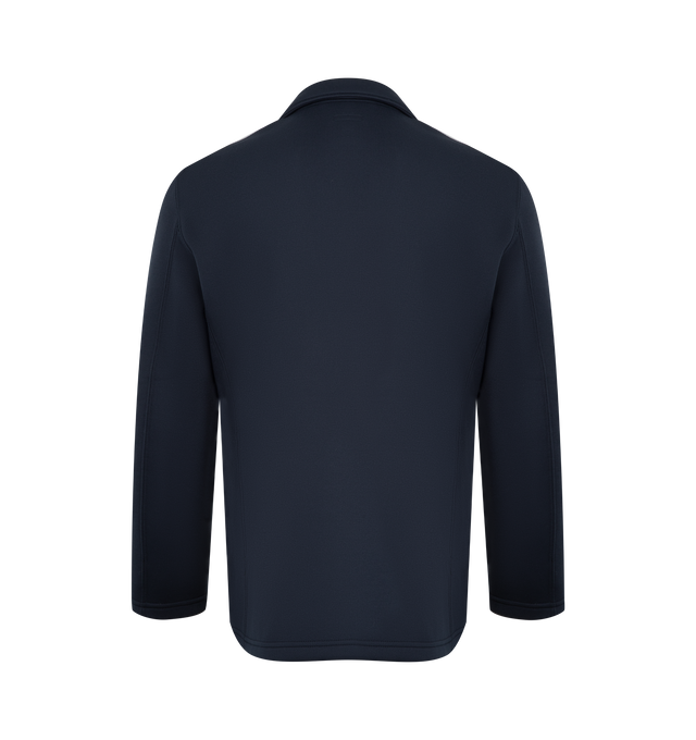 Image 2 of 3 - NAVY - ENGINEERED GARMENTS Knit Leisure Jacket featuring notched lapel, three button front closure and three zip pockets on front. 100% polyester. Made in USA.