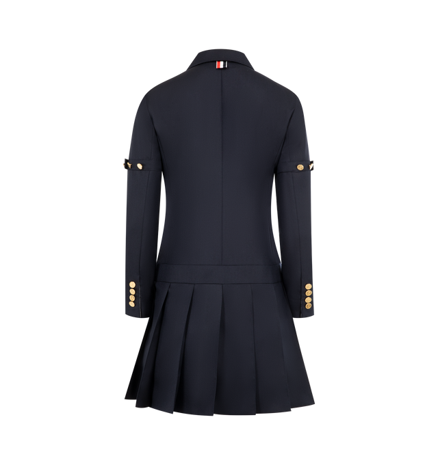 Image 2 of 2 - NAVY - THOM BROWNE Super 120's Twill Sportcoat Mini Dress featuring the structure of professional suiting with the fluidity of a pleated skirt, front button closure, buttoned armbands, buttoned cuffs with signature striped grosgrain trim, dropped back hem with signature striped grosgrain trim and signature striped grosgrain loop tab. 100% wool. Made in Italy.