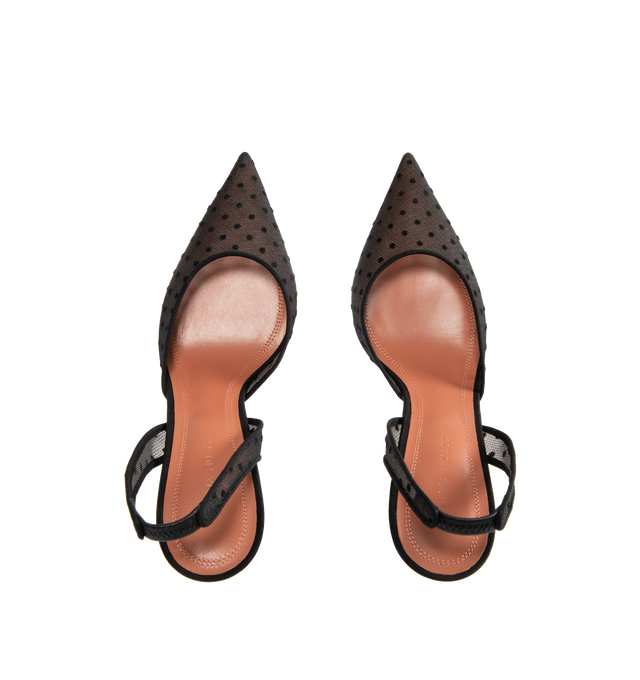 Image 4 of 4 - BLACK - AMINA MUADDI Holli 95 Lace Slingback Pumps featuring lace with a polka dot print, a point toe, pyramid heel and slips on. 95mm heel. Nylon/textile/silk upper. Nylon/leather lining. Leather/TPU sole. Made in Italy.