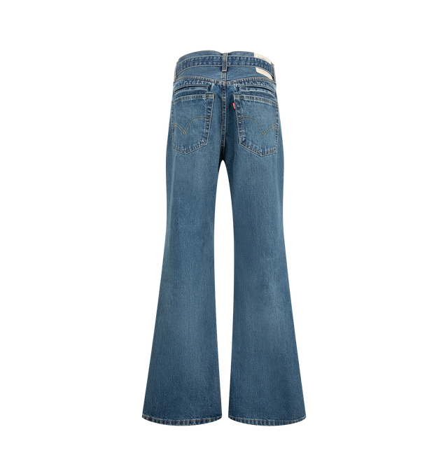 Image 2 of 5 - BLUE - Sacai X Levi's Women's Belted High-Rise Flare-Leg Jeans are crafted from a medium-wash cotton denim and feature a high-rise waist, flare-leg silhouette, a buckled belt, signature Levi back-pocket design, and utility-inspired patch pockets. Main Material: 100% Cotton. Made in Japan.