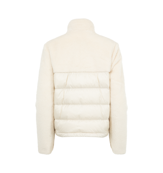 Image 2 of 3 - WHITE - Moncler Women's Polignac short down jacket crafted from teddy. Down-filled Puffer style with recycled longue saison nylon fabric back adding extra warmth without feeling heavy. Features zipped closure and zipped pockets.