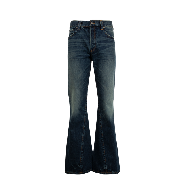 Image 1 of 3 - BLUE - COUT DE LA LIBERTE Jimmy Twisted Flare Jean featuring long length, flared hem, button zip front closure, 5 pocket style and belt loops. 100% cotton. Made In USA.