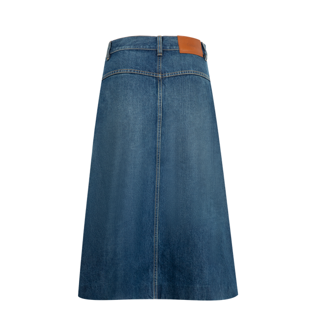 Image 2 of 2 - BLUE - CHLOE Denim Skirt featuring knee length, Chlo-engraved button fastenings at front, oversized front patch pockets with zippers, belt loops and front box pleat. 100% cotton.