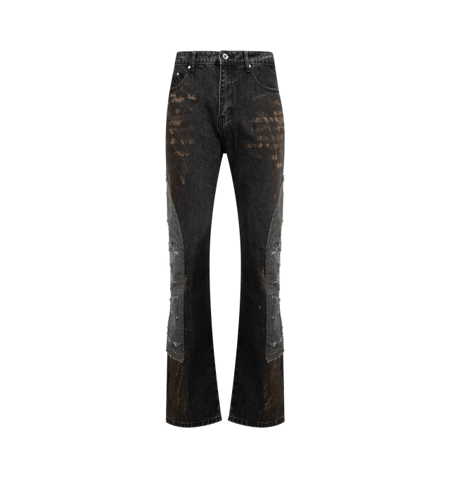 Image 1 of 3 - BLACK - WHO DECIDES WAR Mechanic Signature Jeans featuring non-stretch denim jeans, fading, whiskering, and discoloration throughout, belt loops, five-pocket styling, zip fly, eEmbroidered logo appliqu with raw edges at outseams, logo patch at back waistband and logo-engraved silver-tone hardware. 100% cotton.
