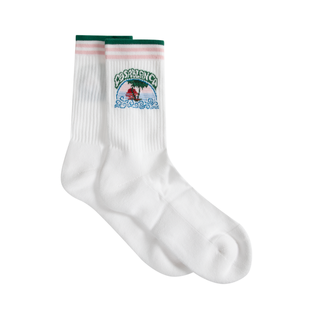 Image 1 of 2 - WHITE - The Men's Palm Tree Emblem socks are a sport-inspired design, crafted from a soft cotton-blend fabric and featuring the house's Palm Tree motif. Completed with pink, white, and green striped cuff detailing, along with ribbed legs and cuffs for added comfort and structure. Cotton blend fabric 87% recycled cotton 12% polyamide 1% elastane. Made in Portugal