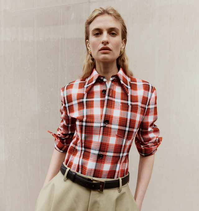 Image 2 of 4 - RED - BOTTEGA VENETA Structured Cotton Check Jacket featuring lightweight structured cotton with check pattern, button closure, half-lined and sculptural fit. 47% viscose, 47% cotton, 6% polyamide. Made in Italy.
