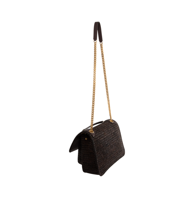 Image 3 of 4 - BROWN - SAINT LAURENT Niki Medium Raffia Bag featuring multiple pockets, sliding leather-and-chain shoulder strap, bronze-tone hardware, magnetic snap closure, one open pocket, one zip pocket and one pocket under flap. 11" x 7.8" x 3.3". Raffia/calfskin. Made in Madagascar.