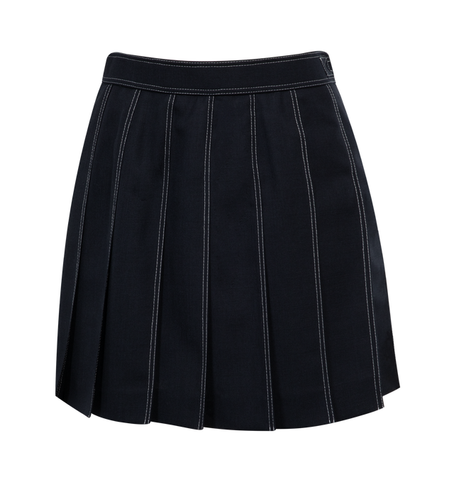 Image 1 of 2 - BLUE - THOM BROWNE Box pleat mini skirt is crafted from luxurious wool fabric, detailed with intricate contrast stitching, and tailored to perfection. Featuring side zip closure, dropped back hem and signature striped grosgrain loop tab. 100% Wool with 100% Cupro lining. 