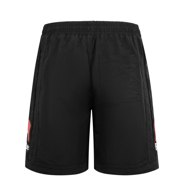 Image 2 of 3 - BLACK - RHUDE Moonlight Shorts featuring nylon taffeta shorts, drawstring at elasticized waistband, three-pocket styling, vented cuffs, logo graphic printed at outseams and full twill lining. 100% nylon. Lining: 100% polyester. Made in United States.