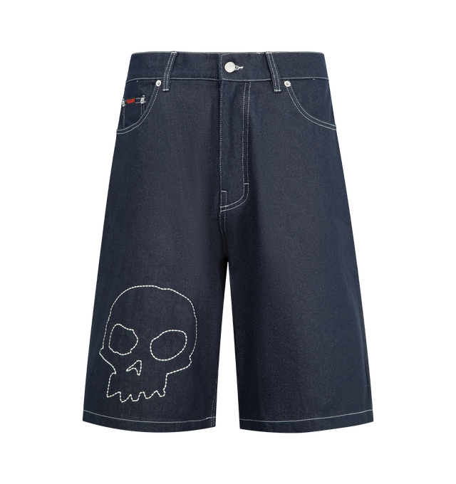 Image 1 of 3 - NAVY - PLEASURES x Zero Skateboards Skull Jorts featuring zip fly and button closure, 4-pocket styling, embroidered trim and midweight denim. 100% cotton.