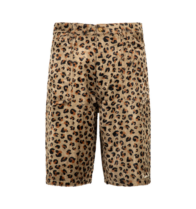 Image 1 of 4 - NEUTRAL - Human Made Men's Leopard Shorts are crafted from a cotton-rayon blend with a smooth pile texture and feature a wide, relaxed-fit silhouette inspired by rock-and-roll style. Designed with a vintage-washed finish, these statement shorts are detailed with a chain-stitched Human Made logo at the front hem, a brand message at the back pocket, and a convenient side pocket sized to fit an iPhone. Main Material: Cotton/Rayon Blend. Fit: Wide, Relaxed. Pockets: Side Pocket, Back Pocket. Deta