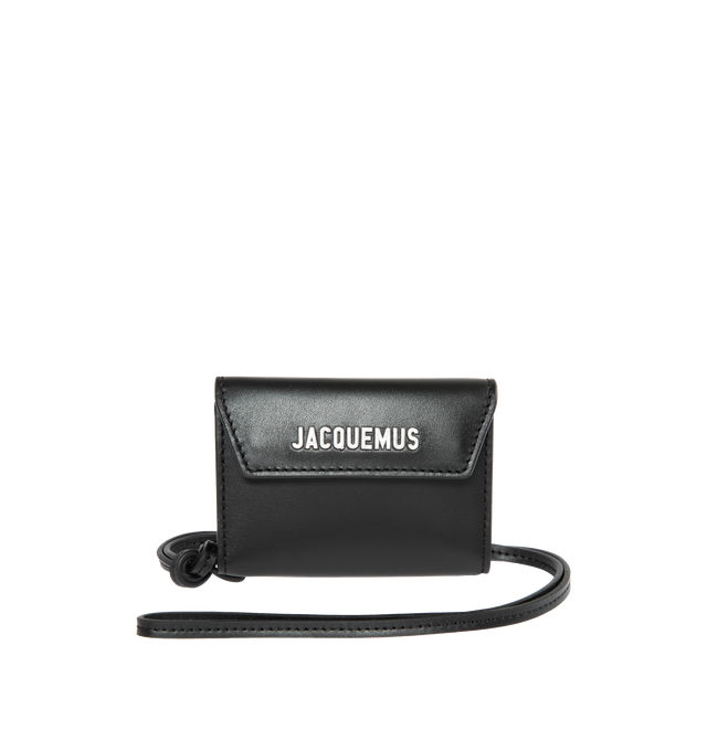 Image 1 of 3 - BLACK - JACQUEMUS Le Porte Jacquemus featuring envelope wallet, snap closure, card slots, interior zipped pocket, silver metal logo and hardware. 10.5 x 8 cm. Detachable knotted 17cm strap. 100% cowskin. Lining: 100% cotton. Made in Spain. 