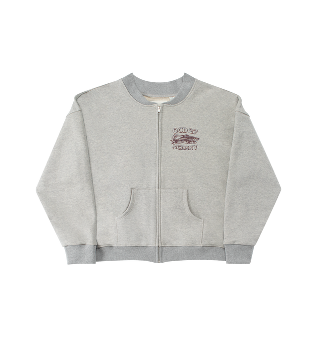Image 1 of 3 - GREY - OCD27 Zip Jacket crafted from 100% cotton featuring zip-front closure, front kangaroo pockets and NCDSNY (Never Coming to a Deperment Store Near You) graphic screen-printed at the chest. Unisex style in men's sizing.