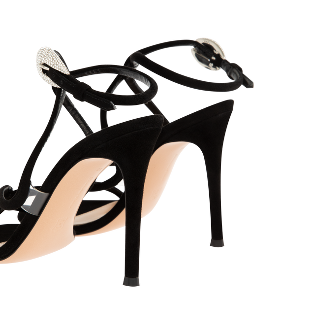 Image 3 of 4 - BLACK - GIANVITO ROSSI Mamba Crystal Sandal featuring round toe, 105mm stiletto heel, a sinuous snake's coil inspired upper motif and criss-cross ankle strap completed with a crystal-embellished snake head inspired metallic buckle. 105 mm. Made in Italy.