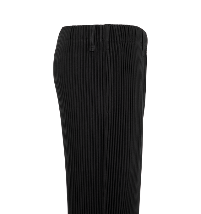 Image 3 of 3 - BLACK - Issey Miyake Pleats Pants are sporty straight pants. They are characterized by their portability and light comfort with the unique quick-drying property of polyester material. There are pockets on both sides and a drawcord at the waist, along with a button-fly design. Material: 100% Polyester. Made In Japan.