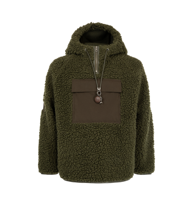 Image 1 of 3 - GREEN - Loewe Anorak is crafted from medium-weight khaki green polyester-and-wool fleece and features a relaxed fit with a regular length and zippered hooded collar. A leather drawstring with detachable whale and bottle-opener details, a contrasting front snap-flap pocket, a sleeve patch, front zip pockets, and leather-trimmed cuffs and hem complete the design. A debossed Double L leather patch accents the hood. Main Material: Polyester and Wool. Made in Italy.
