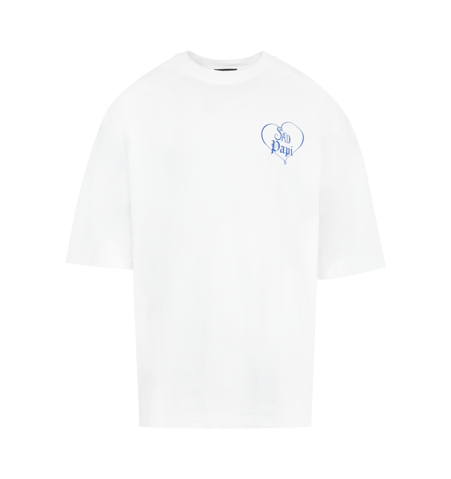 Image 1 of 2 - WHITE - WILLY CHAVARRIA Precious Sad Papi Northsider T-Shirt featuring ribbed crew neckline, short sleeves, screen printed graphics and regular fit. 100% cotton. Made in USA.