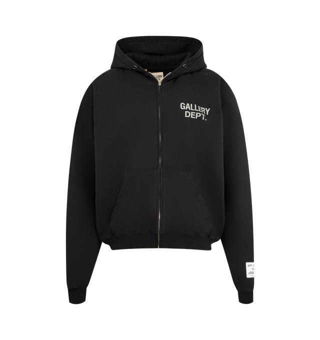 Image 1 of 3 - BLACK - GALLERY DEPT. 90's Full Zip Hoodie featuring concealed zip fastening at front, relaxed fit, hood, long sleeves, brand patch at sleeve, brand print, kangaroo pocket at front and ribbed trims. 100% cotton. Made in USA.