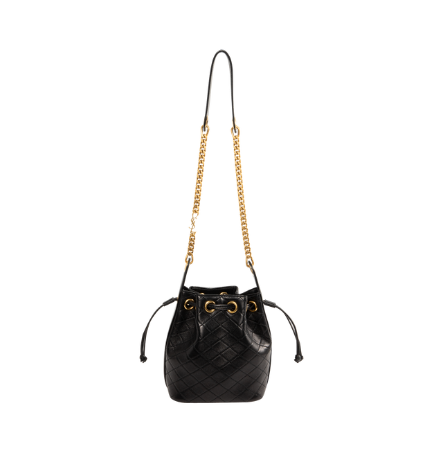Image 1 of 3 - BLACK - SAINT LAURENT Chain Bucket Bag in quilted lambskin featuring a jewelry chain strap for shoulder carry, leather lining, bronze-tone hardware and drawstring closure. 6.3" x 7.1" x 3.9". Strap drop: 15.7". Lambskin. Made in Italy.