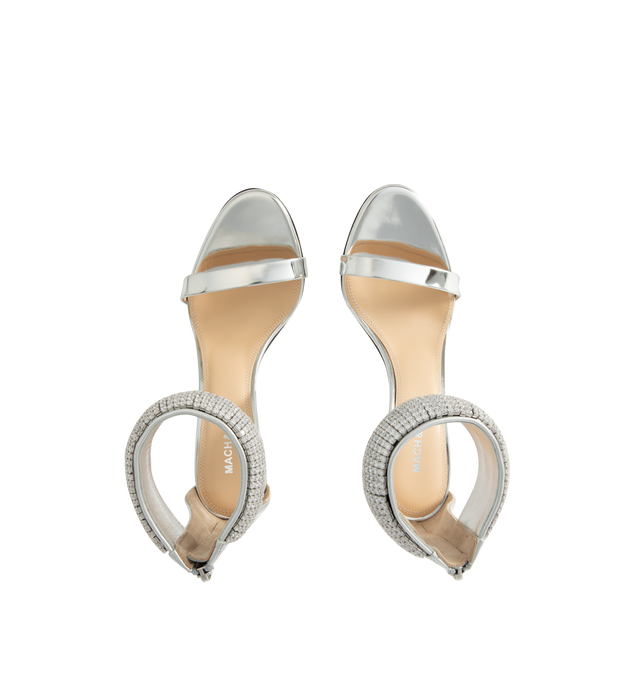 Image 4 of 4 - SILVER - Mach & Mach Women's She's A Lady Heeled Sandals are crafted from leather and feature an elegant round open-toe silhouette with a 95mm stiletto heel. Designed with crystal-embellished ankle detailing, a rear zip closure, leather lining, and a leather sole, the sandals offer a refined statement finish. Main Material: Calf Leather. Lining: 100% Leather. Sole: 100% Calf Leather. Made in Italy.