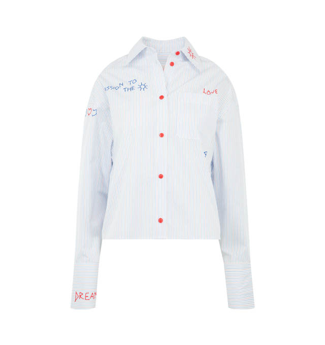 Image 1 of 3 - BLUE - MIRA MIKATI Deep Cuff Stripe Shirt With Embroidery featuring slightly oversized fit, dropped shoulder, tab detailing to the sides, a blue and red pinstripe cotton poplin design and messages of positivity like To the moon and back embroidered on the front and back. 100% cotton.