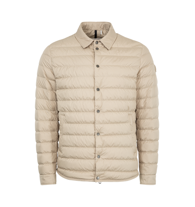 Image 1 of 4 - NEUTRAL - MONCLER Bourdon Down Shirt Jacket featuring AirSoft lining, down-filled, zipper and snap button closure, pockets with snap button closure, zipped inner pocket, adjustable cuffs and leather logo patch. 100% polyester. Padding: 90% down, 10% feather.