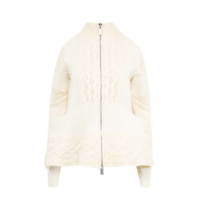 Image 1 of 2 - WHITE - SACAI Wool Knit Blouson featuring stand collar, two way zip front closure, ribbed cuffs and collar, long sleevse and front pockets. Wool.