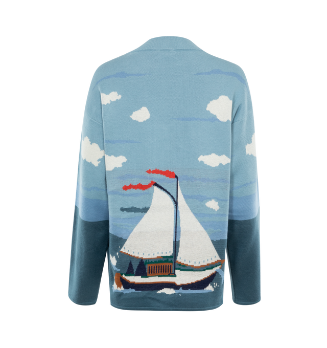 Image 2 of 2 - BLUE - BODE Pinafore Sweater featuring sailboat motif, jacquard, lace-up neckline and long sleeves. 100% cotton. Made in Peru. 