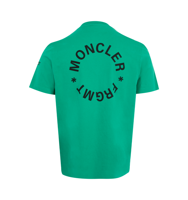 Image 2 of 3 - GREEN - Moncler x FRGMT by Hiroshi Fujiwara collection- Maxi Logo Cotton T-Shirt featuring ribbed collar, cotton jersey, short sleeves, printed logo details and loose fit. 100% cotton.