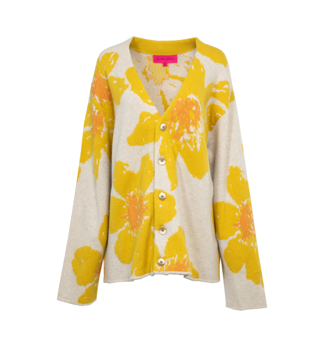 Image 1 of 3 - YELLOW - THE ELDER STATESMAN Floating Florals Cardigan featuring print throughout, long sleeves, v neck, button front closure and raw hem detailing. 100% cashmere.  