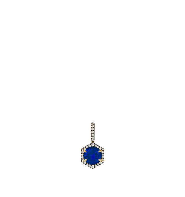 Image 1 of 2 - BLUE - JEMMA WYNNE Blue Sapphire and Diamond Hexagon Prive Charm featuring 18kt yellow gold, One of a Kind, blue sapphire round stone with blackened pave diamond frame. 1.6CT blue sapphire, .16CT diamond. 19.6MM. Hirshleifers offers a range of initial pieces from this collection in-store. For personal consultation and detailed information about jewelry, please contact our dedicated stylist team at personalshopping@hirshleifers.com. This item may be restricted for online purchase to internatio