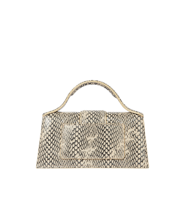 Image 2 of 4 - NEUTRAL - JACQUEMUS Bambino Bag featuring crossbody flap bag, structured, cobra-embossed leather, reinforced handle, magnetic flap, removable, adjustable shoulder strap, engraved lobster clip, card slot patch pocket on back, topstitching, gold metal logo and metalwork, fully lined and dyed edges. 13cm x 23.5cm. 100% goat leather. Lining: 100% cotton. Made in Italy.