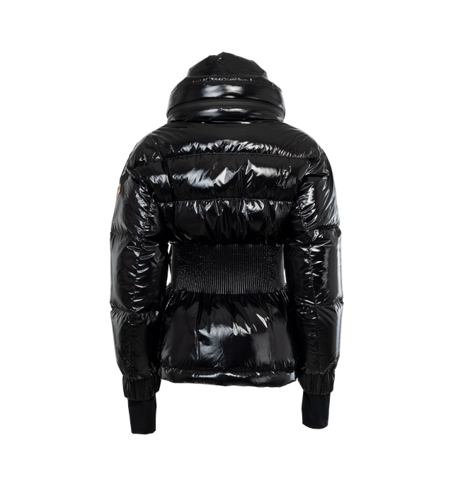 Image 2 of 4 - BLACK - MONCLER GRENOBLE Rochers Short Down Jacket featuring nylon laqu lining, down-filled, pull-out hood with visor, water-repellent look two-way zipper closure, water-repellent look zipped outer pockets, water-repellent look zipped inner media pocket, water-repellent look zipped ski pass pocket, powder skirt, elastic waistband, jersey wrist gaiters and adjustable cuffs. 100% polyamide/nylon. Padding: 90% down, 10% feather. Made in Turkey. 