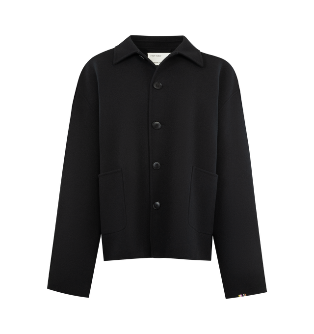 Image 1 of 3 - BLACK - EXTREME CASHMERE Maker Coat featuring a boxy chore jacket, double-faced cashmere, two patch pockets, a pointed collar and five buttons in corozo. 70% wool, 30% cashmere.