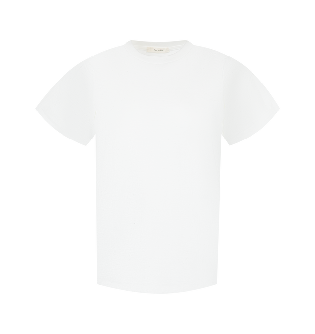 Image 1 of 2 - WHITE - The Row Women's Duca Top is crafted from soft cotton jersey and features a classic crew neckline, short sleeves, and refined flat trim detailing for a clean, minimalist look. This designer cotton T-shirt combines exceptional Japanese craftsmanship with lightweight comfort and timeless versatility, making it an effortless everyday wardrobe essential. Main Material: 100% Cotton. Made in Japan.