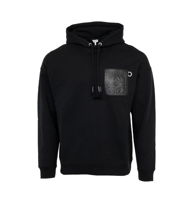 Image 1 of 3 - BLACK - LOEWE Relaxed Fit Hoodie featuring relaxed fit, regular length, LOEWE Anagram embossed leather patch pocket at the chest, hooded collar, drawstring with LOEWE embossed tab and ribbed cuffs and hem. 100% cotton.  