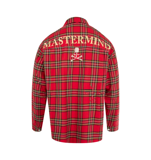 Image 2 of 2 - RED - MASTERMIND JAPAN Type 1 Plaid Shirt featuring master seed cotton fabric, embroidery SKULL and logo on the back, long sleeves, collar and button front. 100% cotton.