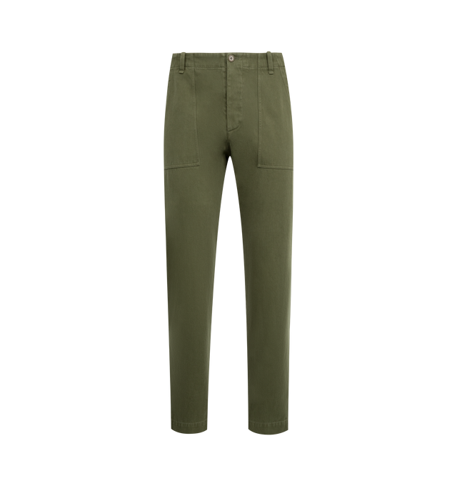 Image 1 of 3 - GREEN - THE ROW Valerio Pant featuring mid-rise work pant in durable washed cotton with straight leg and front patch pockets. 100% cotton. Made in Italy.