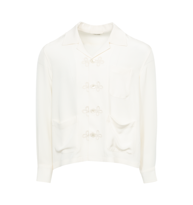 Image 1 of 2 - WHITE - BODE Trillium Long Sleeve Shirt featuring trompe l'oeil frog closures, cut from mid-weight silk crepe, spread collar and boxy fit. 100% silk. Made in India. 