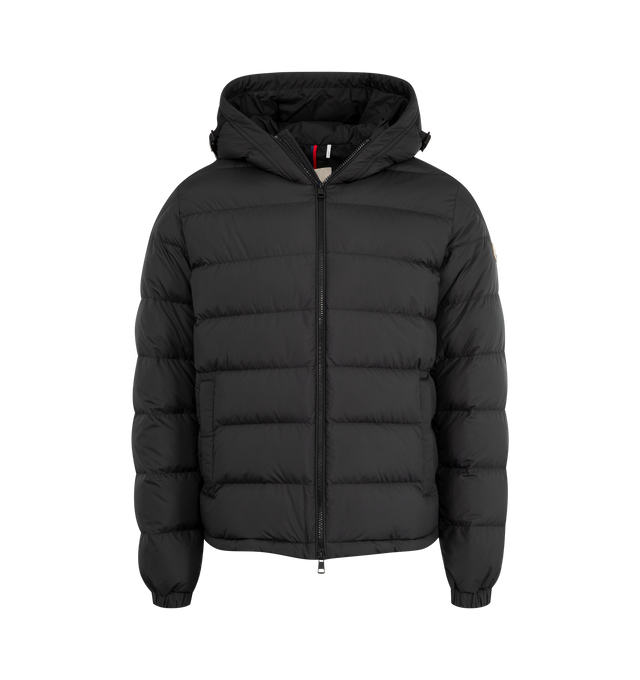 Image 1 of 3 - BLACK - MONCLER Laveraet Hooded Short Down Jacket featuring polyester lining, down-filled, adjustable hood with logo strap, zipper closure, zipped pockets and hem with drawstring fastening. 100% polyester. Padding: 90% down, 10% feather. Made in Armenia.