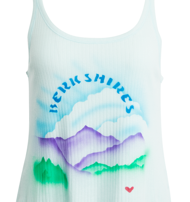 Image 3 of 3 - BLUE - BODE Berkshires Tank featuring watercolor mountain graphic, scoop neck and sleeveless. 50% cotton, 50% polyester. 