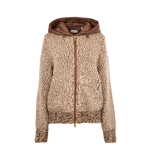 Image 1 of 3 - BROWN - MONCLER Wool Zip Up Hoodie featuring zip front fastening, ribbed hem and cuffs, drawstring nylon padded hood, side pockets and logo on sleeve. 100% wool. 100% polyamide.